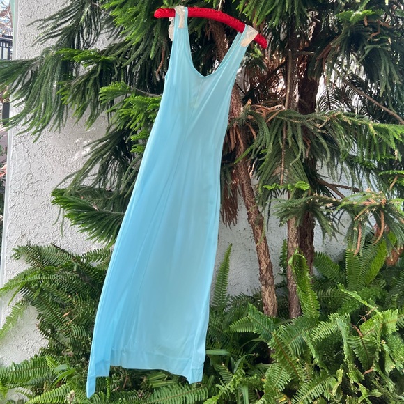 Vtg Baby Blue V-Neck Sleeveless Slip Dress with Floral Lace Neckline | Small - Picture 12 of 17